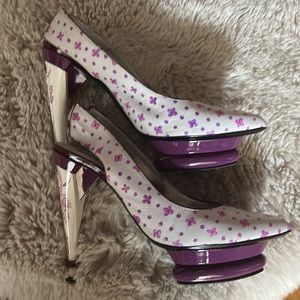 Roberto Cavalli purple and white floral heels